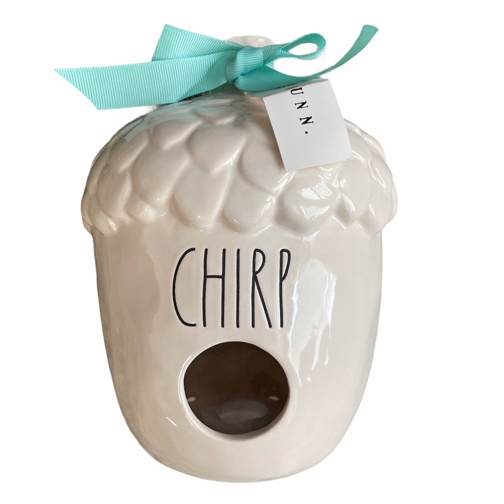 NIB Rae Dunn Chirp Acorn Birdhouse in White/Cream with Baby Blue Bow